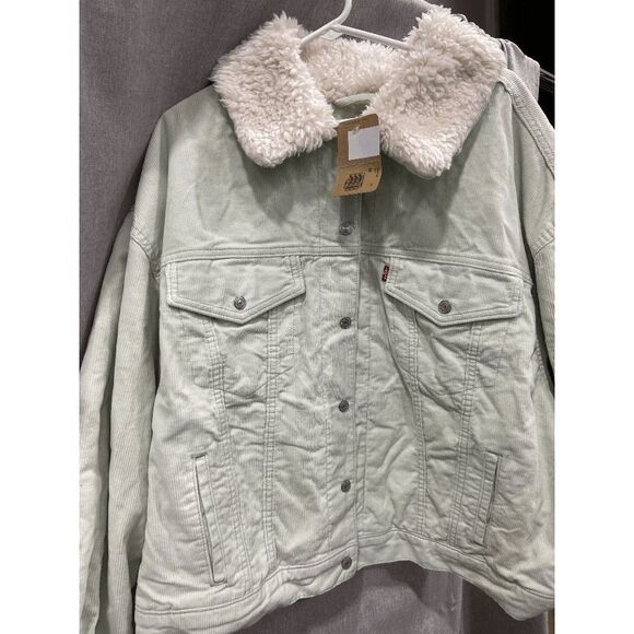 Levi's Women's Plus Size Faux-Sherpa Baby Baggy Trucker Jacket - Meadow Mist 2X - Picture 2 of 7